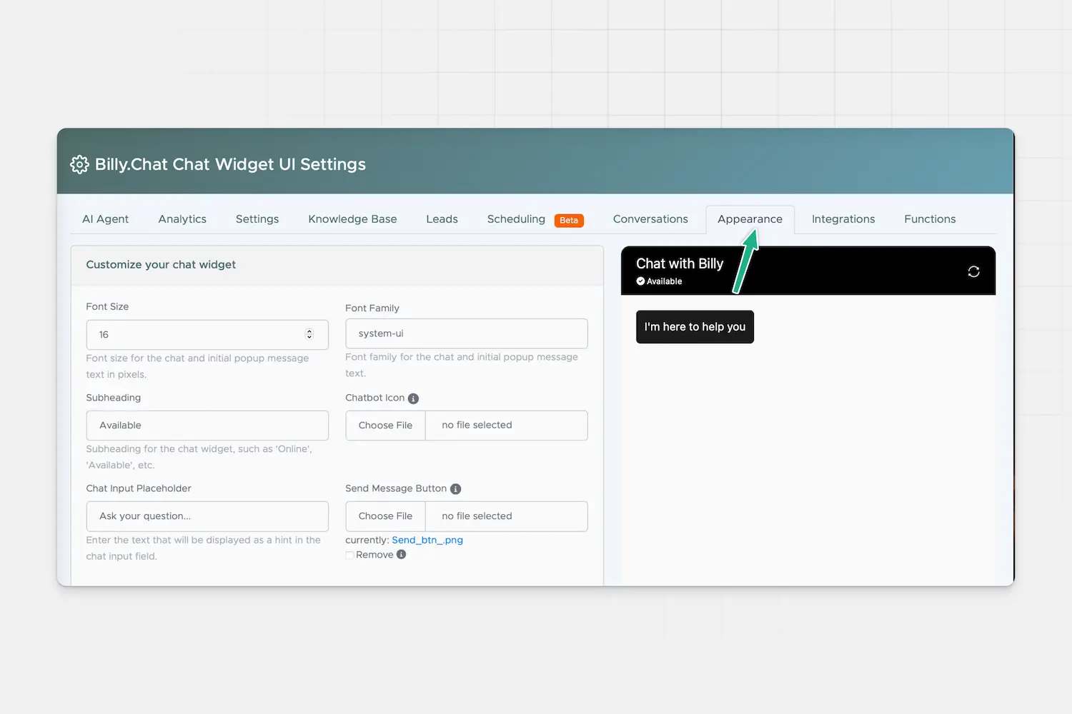appearance setting for billy.chat dashboard