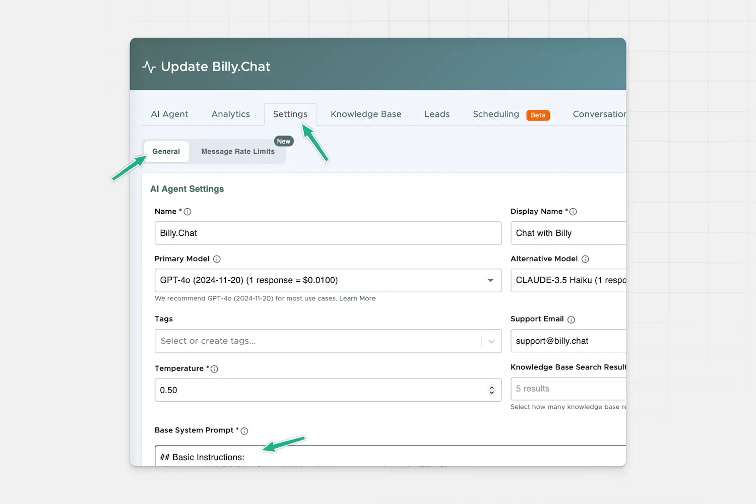 Billy.Chat AI Agent settings screen showing base system prompt field for basic instructions