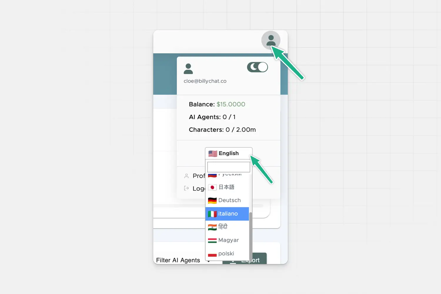 User icon menu showing language selection in Billy.Chat dashboard.