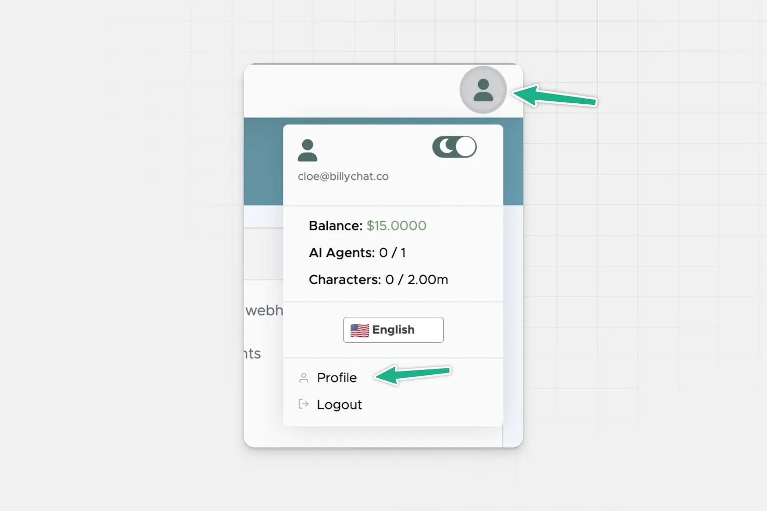 Dropdown menu with user icon and Profile option highlighted in Billy.Chat dashboard.
