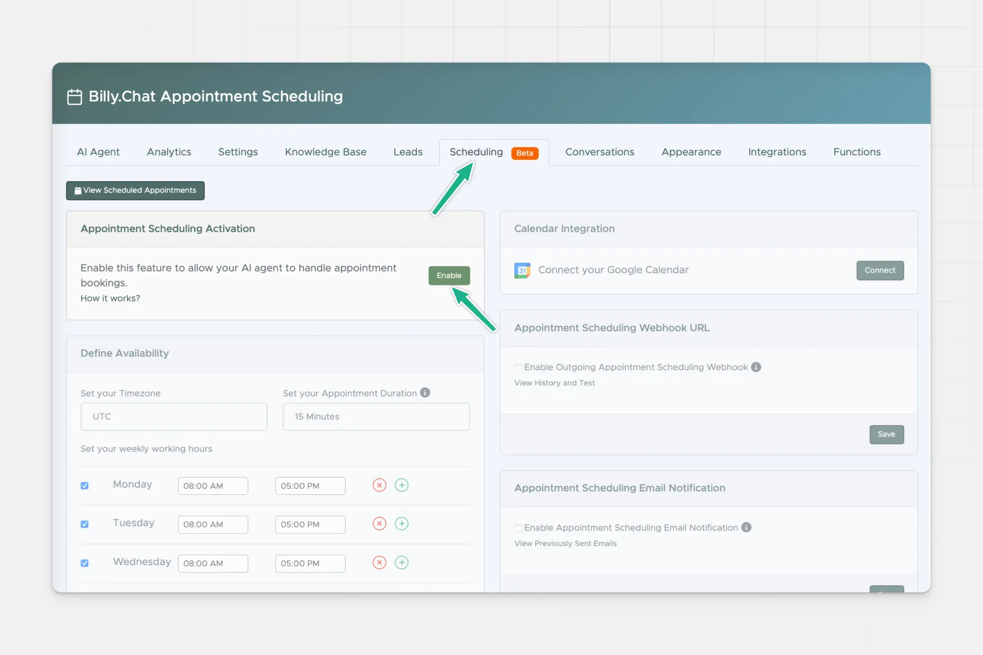 Set up AI scheduling in dashboard billy.chat