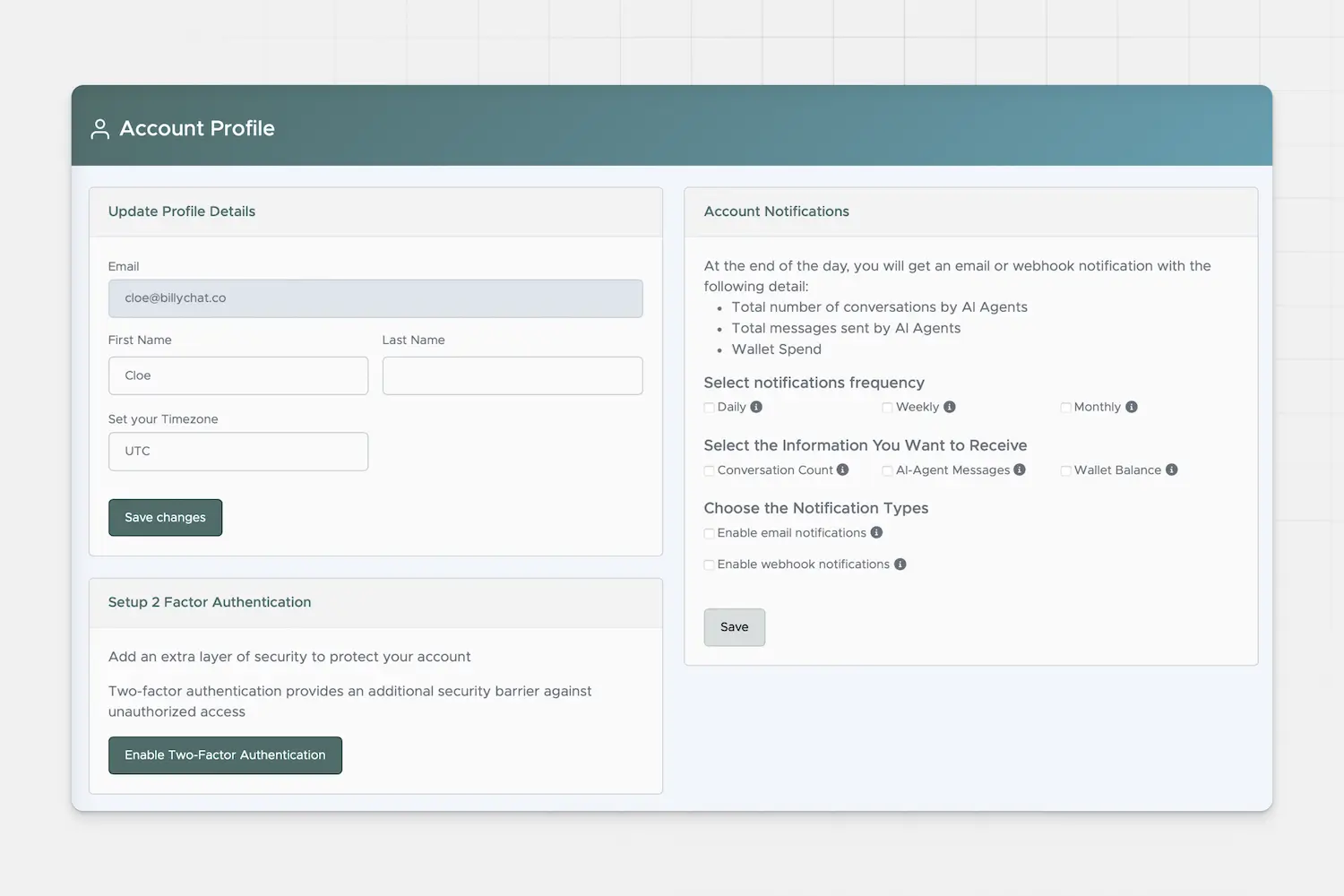 Billy.Chat Account Profile page showing profile details, notifications, and two-factor authentication settings.