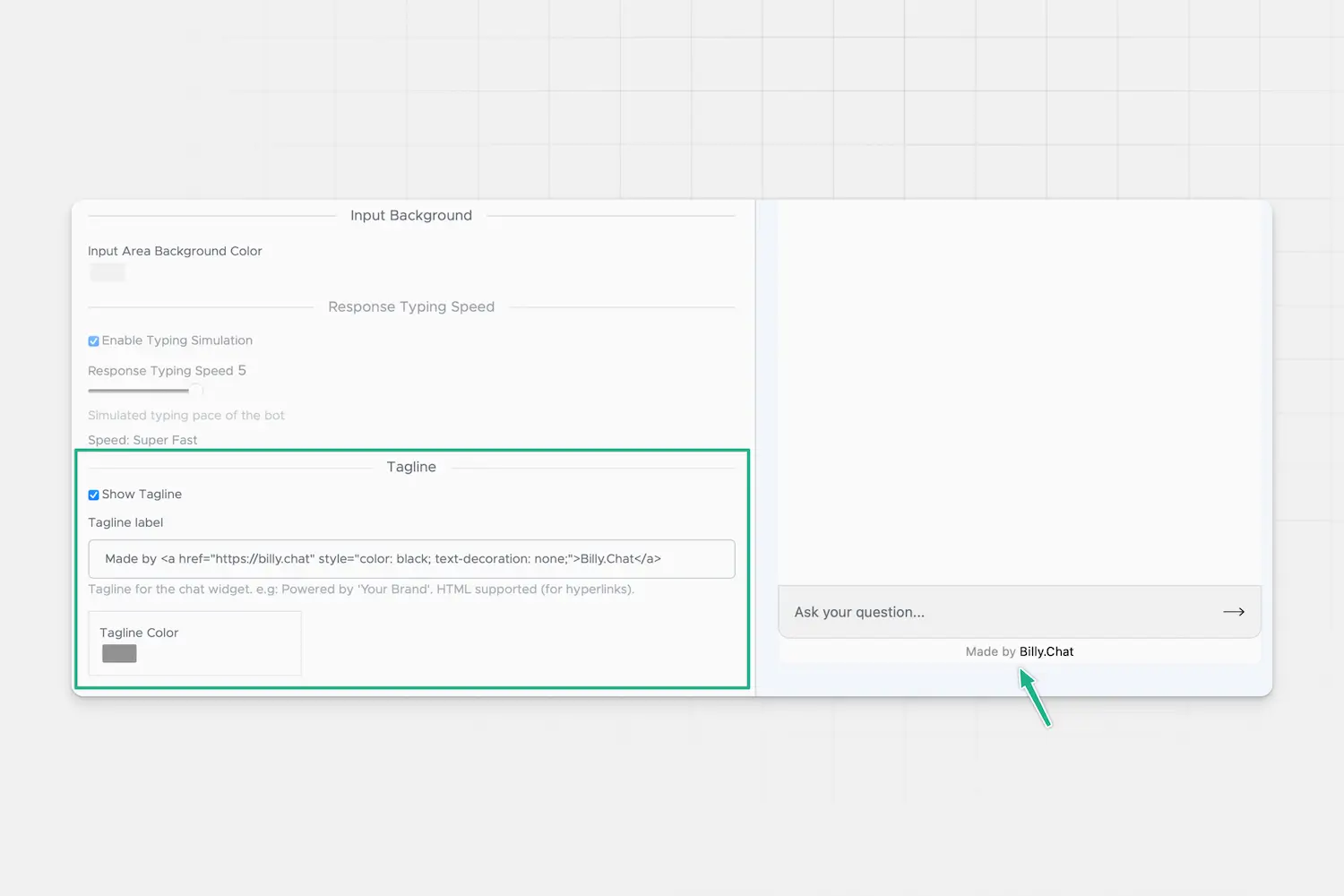 tagline setting for billy.chat dashboard